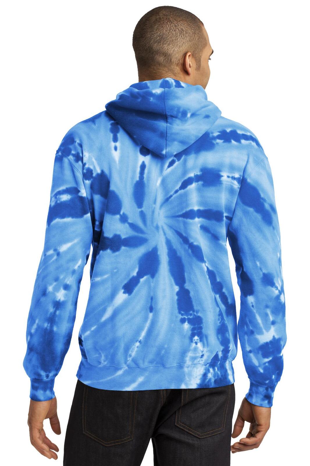 A blue tie-dye pullover hooded sweatshirt with a swirling pattern on the back, featuring a hood and long sleeves.