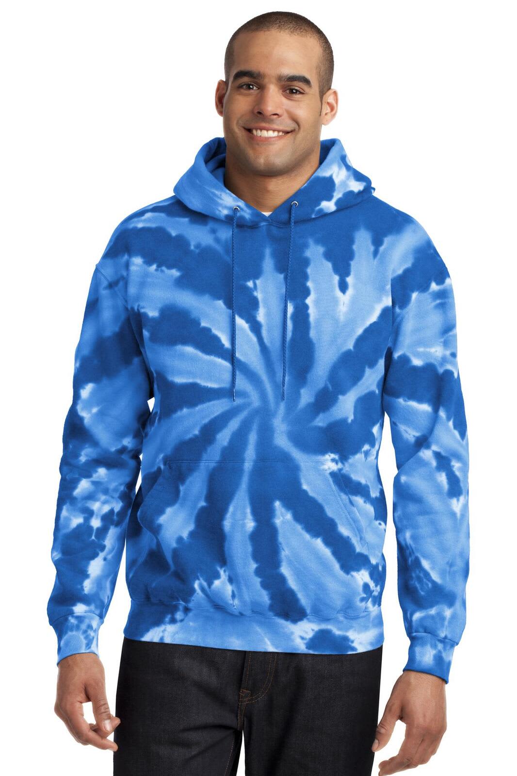 A blue tie-dye pullover hooded sweatshirt featuring a spiral pattern, worn by a smiling model.
