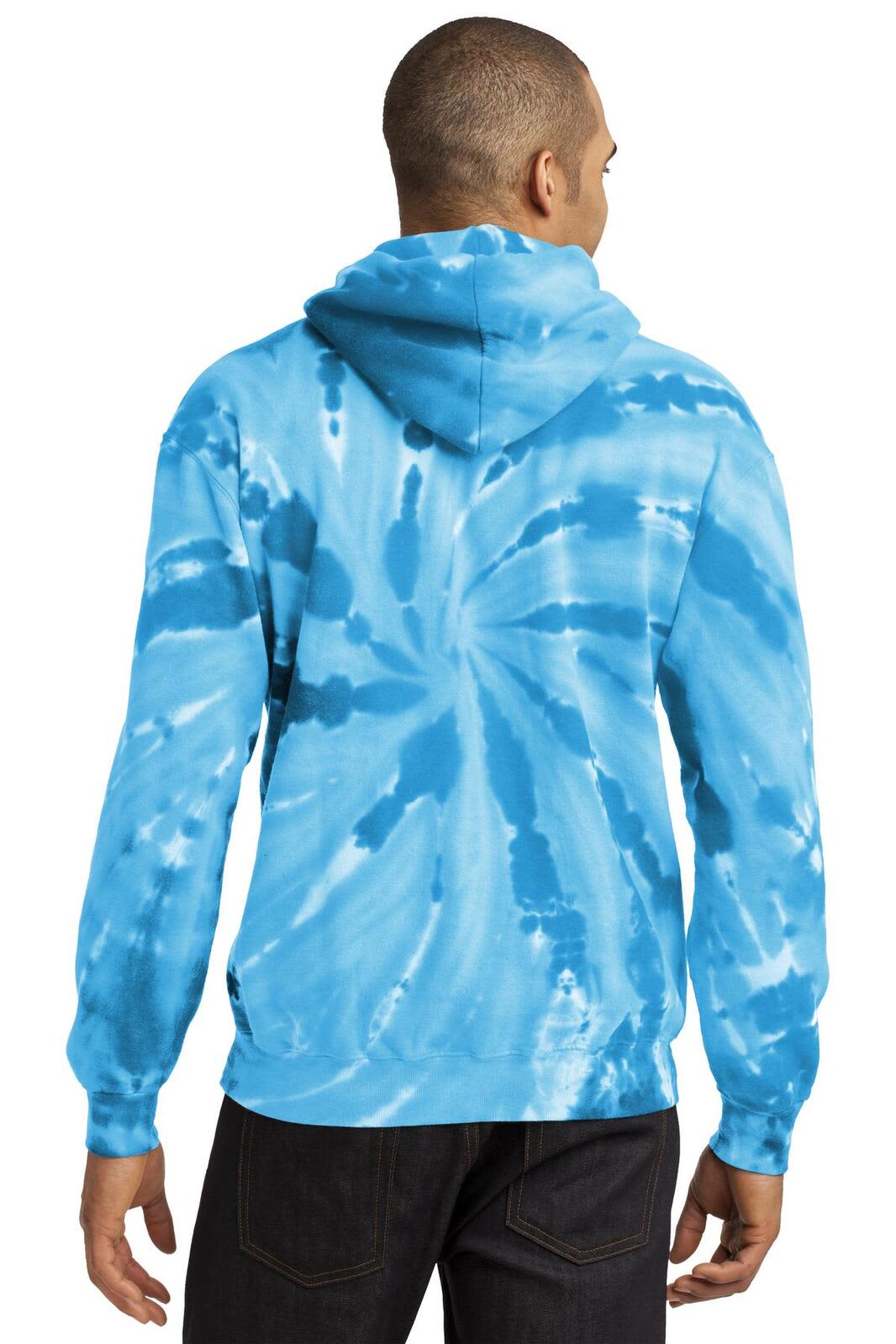 A blue tie-dye pullover hooded sweatshirt with a swirling pattern, featuring a hood and a logo.