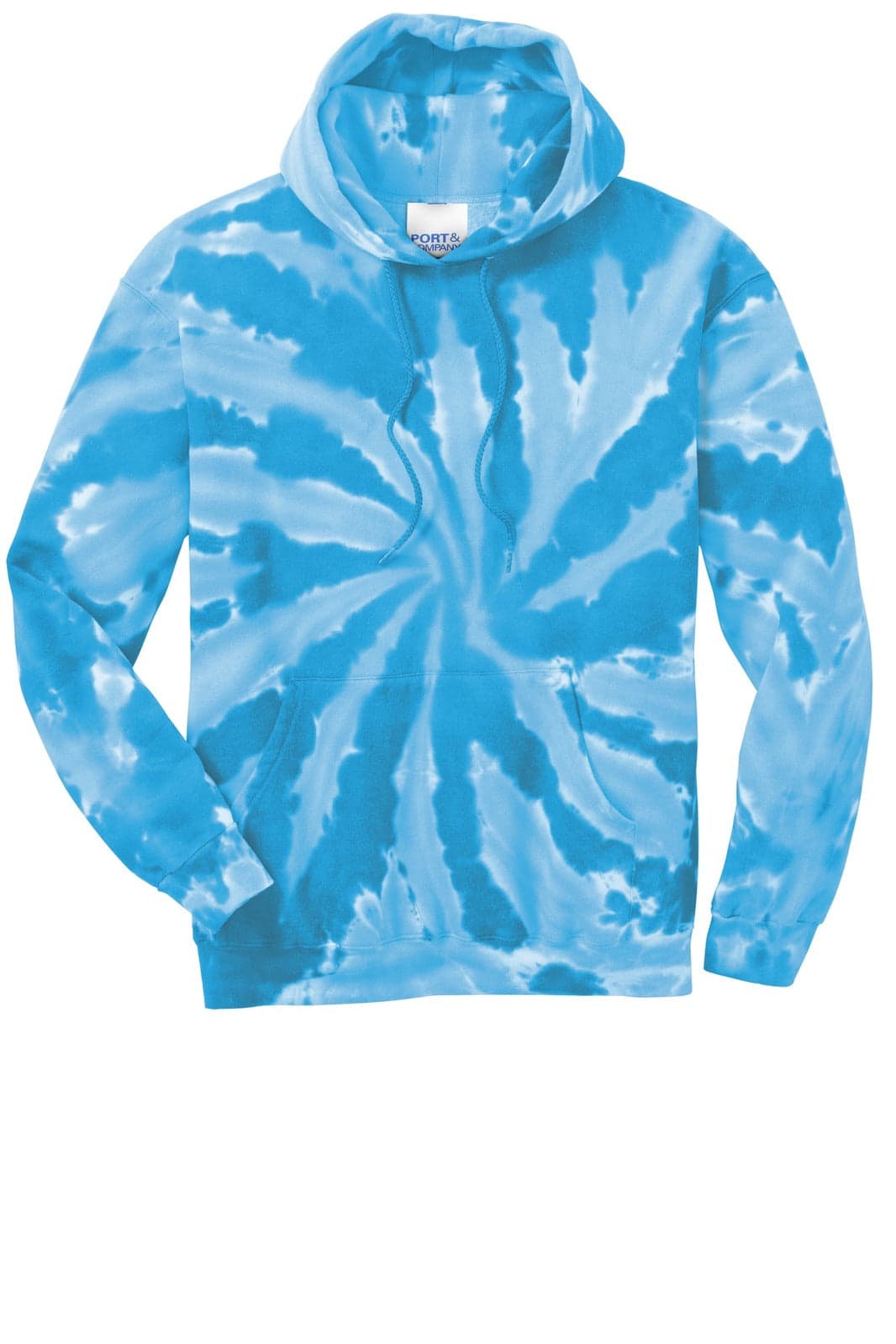 A blue tie-dye pullover hooded sweatshirt with a spiral pattern and a front pocket. Features a brand logo.