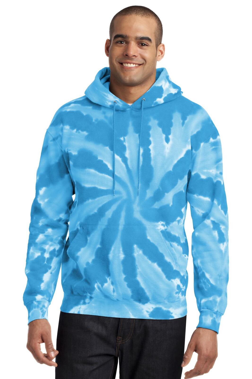 A blue tie-dye pullover hooded sweatshirt with a spiral design and a hood, worn by a smiling man.