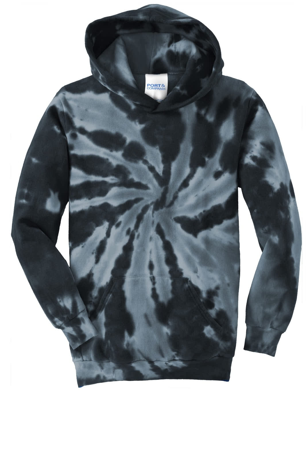 A black and grey tie-dye pullover hooded sweatshirt with a front pocket and a hood. Features a brand logo.