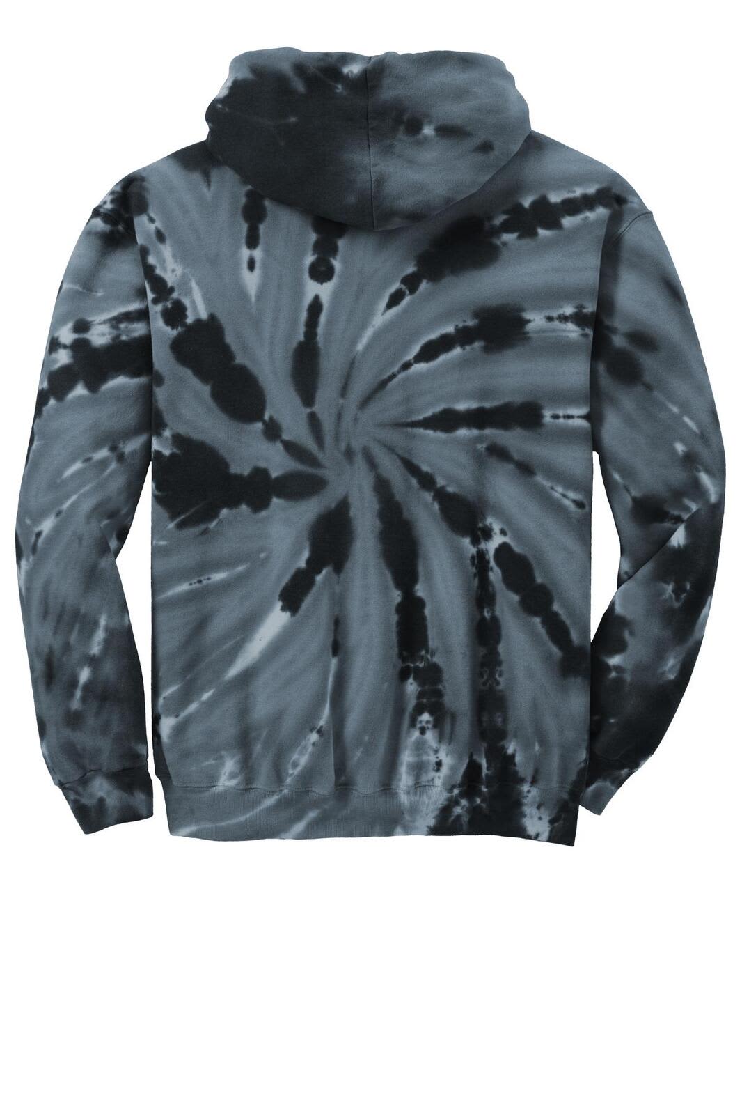 A tie-dye pullover hooded sweatshirt in shades of grey and black, featuring a spiral pattern and a hood.