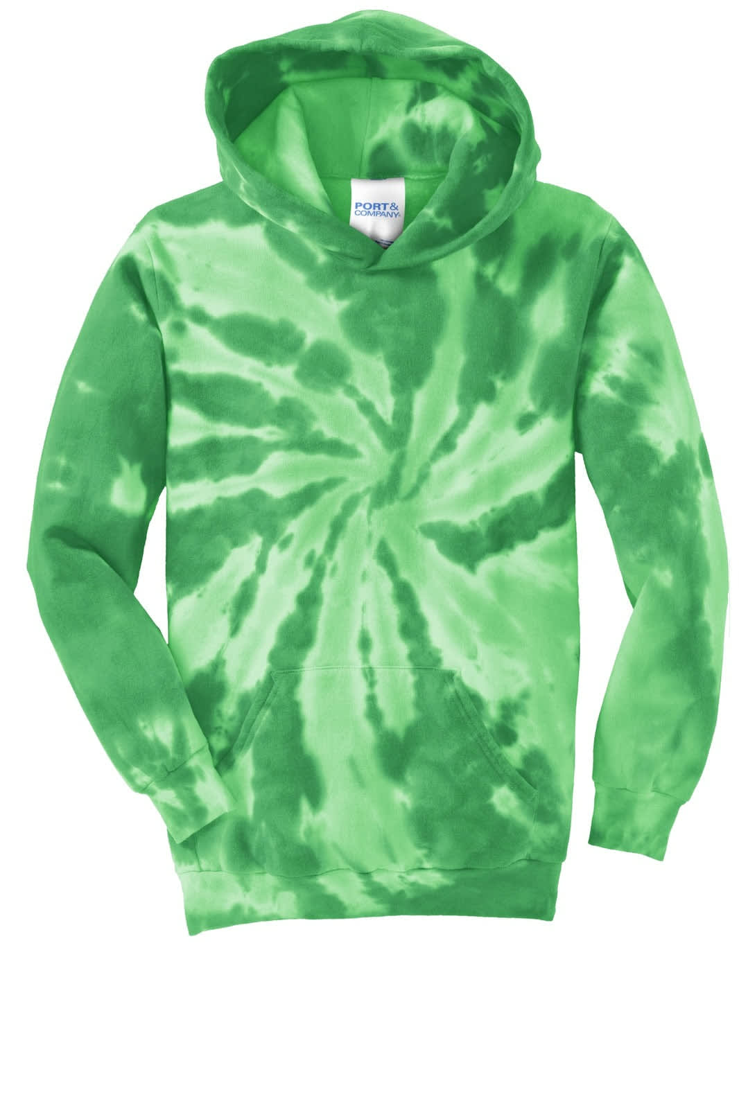 A green tie-dye pullover hooded sweatshirt with a spiral pattern, featuring a logo.