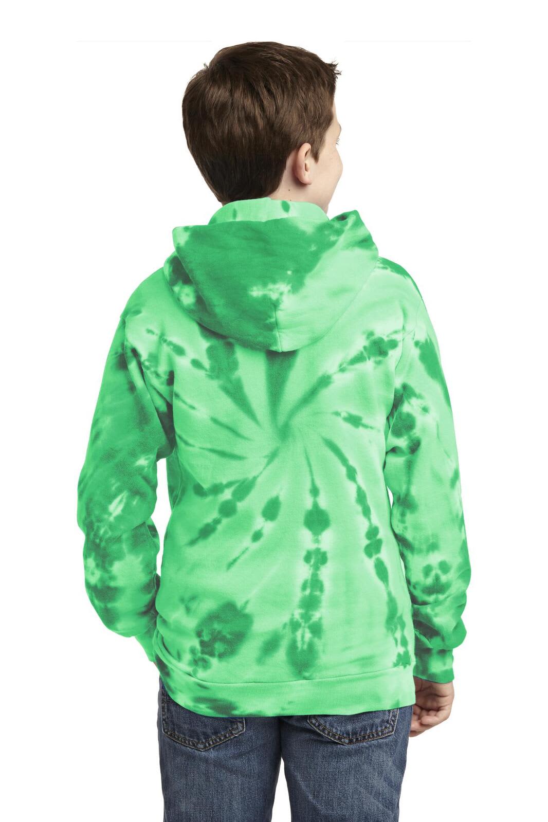 A youth tie-dye pullover hooded sweatshirt in vibrant green with a spiral pattern, featuring a hood and kangaroo pocket.