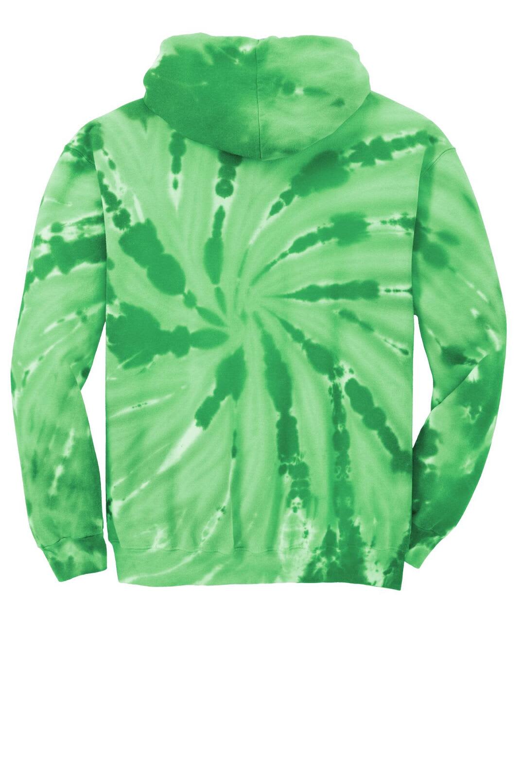 A green tie-dye pullover hooded sweatshirt featuring a spiral pattern and a hood at the back.