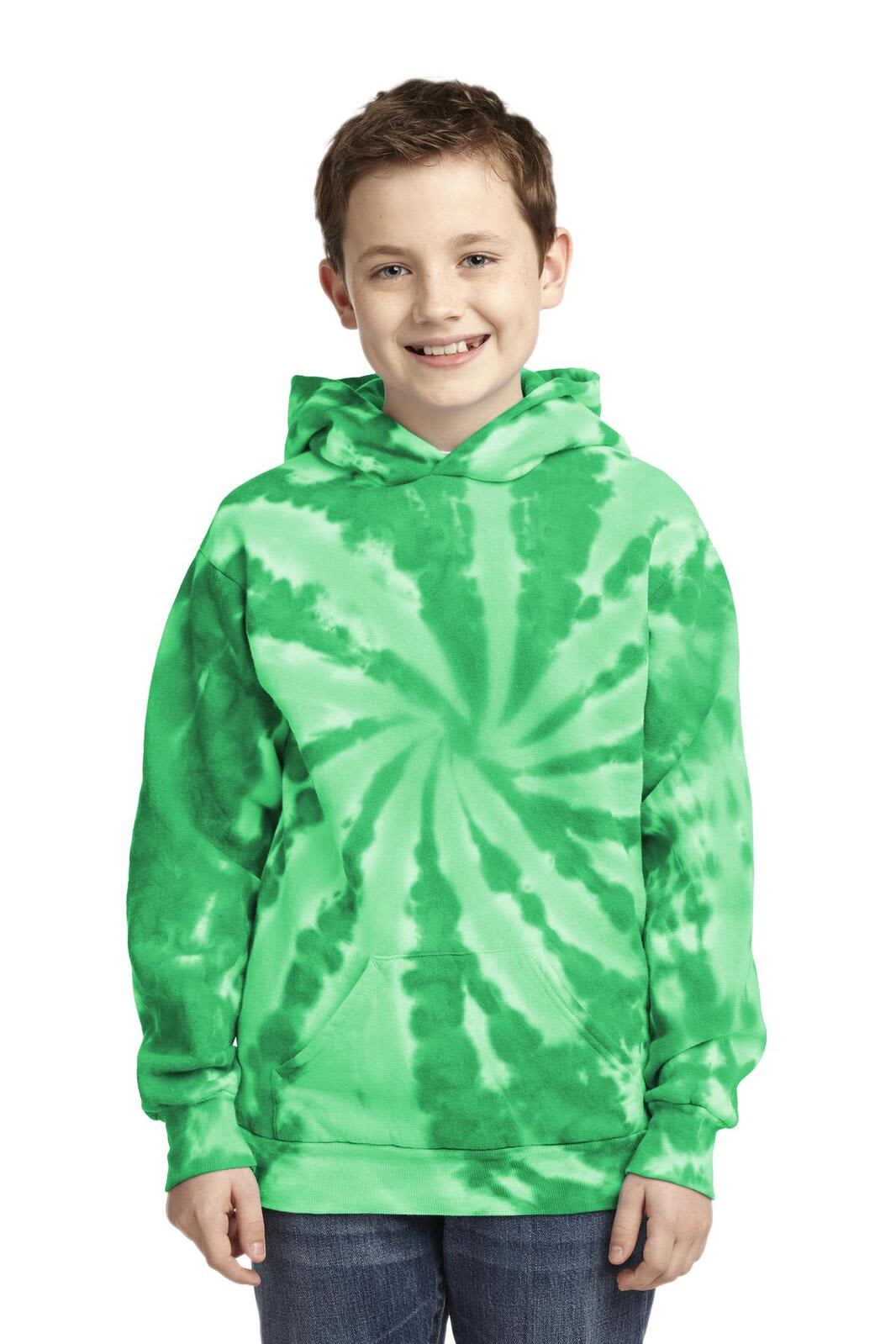 A green tie-dye pullover hooded sweatshirt for youth, featuring a swirl pattern and a hood.