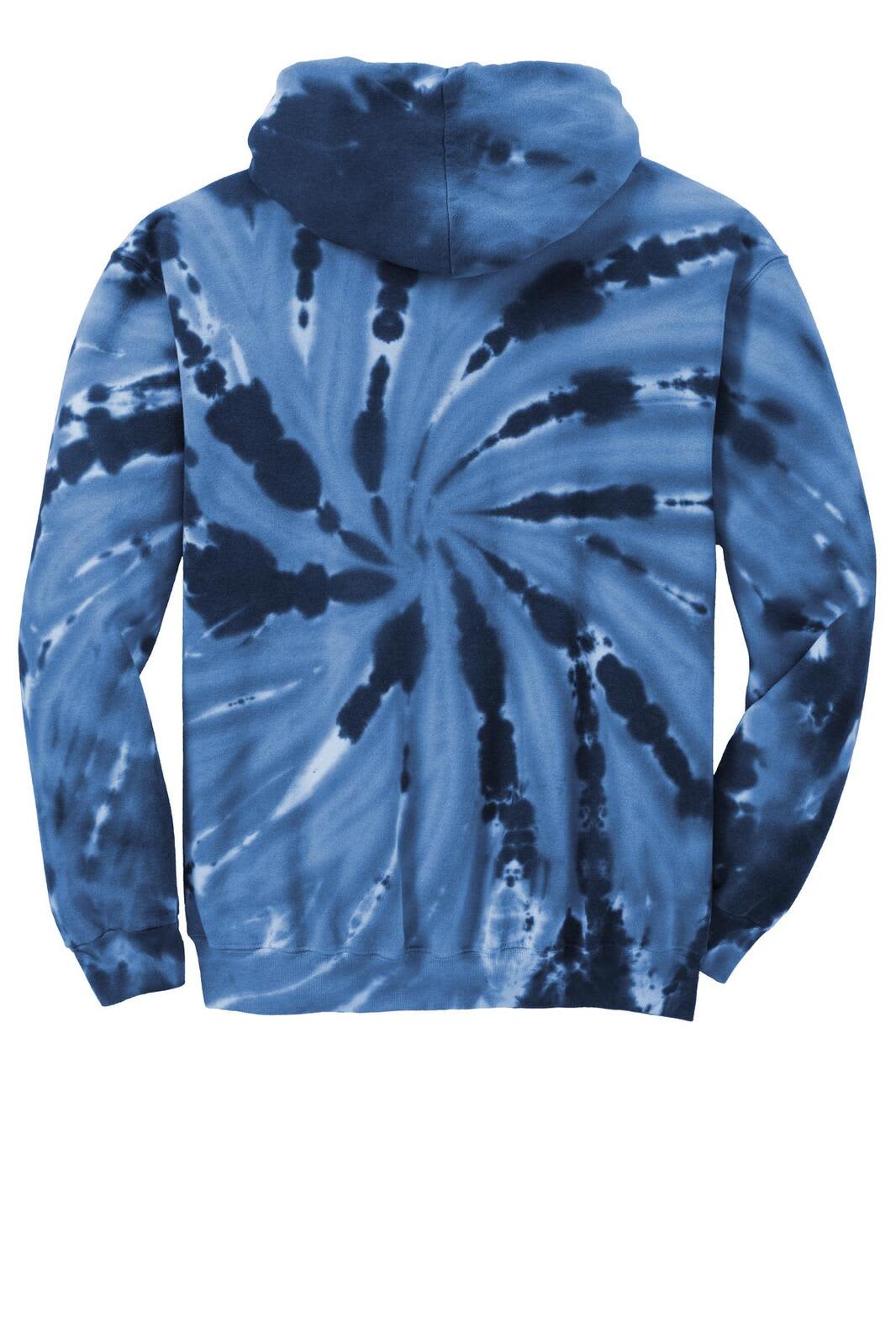 A youth pullover hooded sweatshirt featuring a blue tie-dye pattern and a hood. Includes a logo.