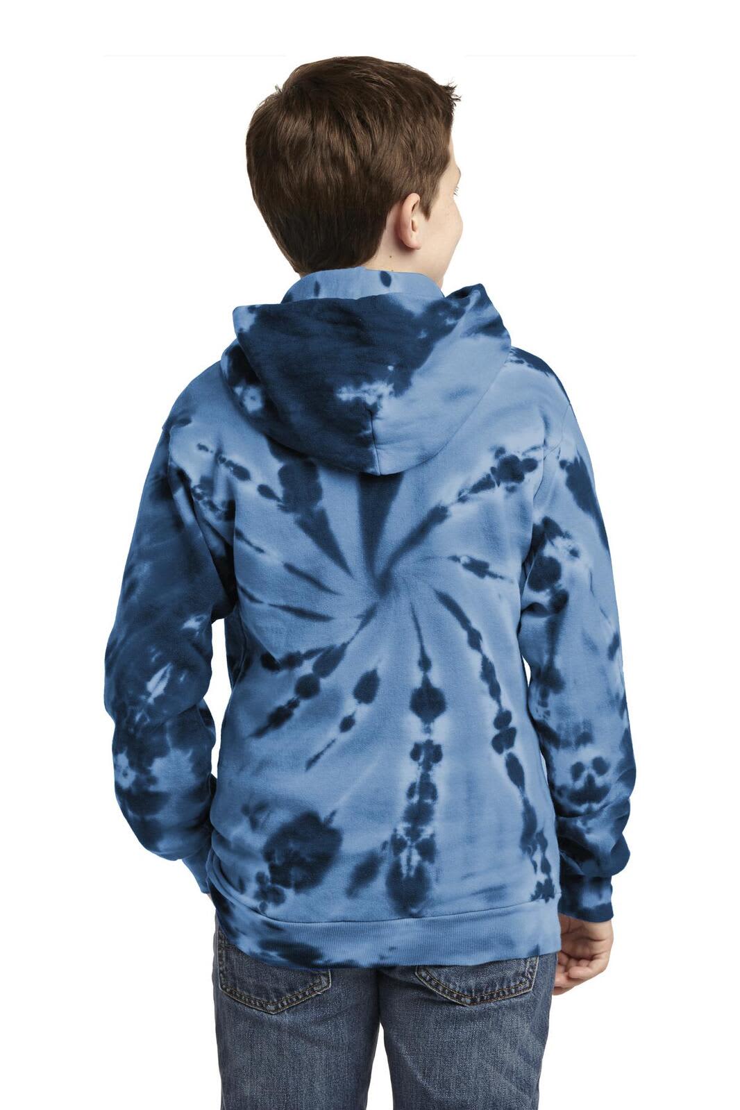 A youth tie-dye pullover hooded sweatshirt in blue tones, featuring a hood and a logo.