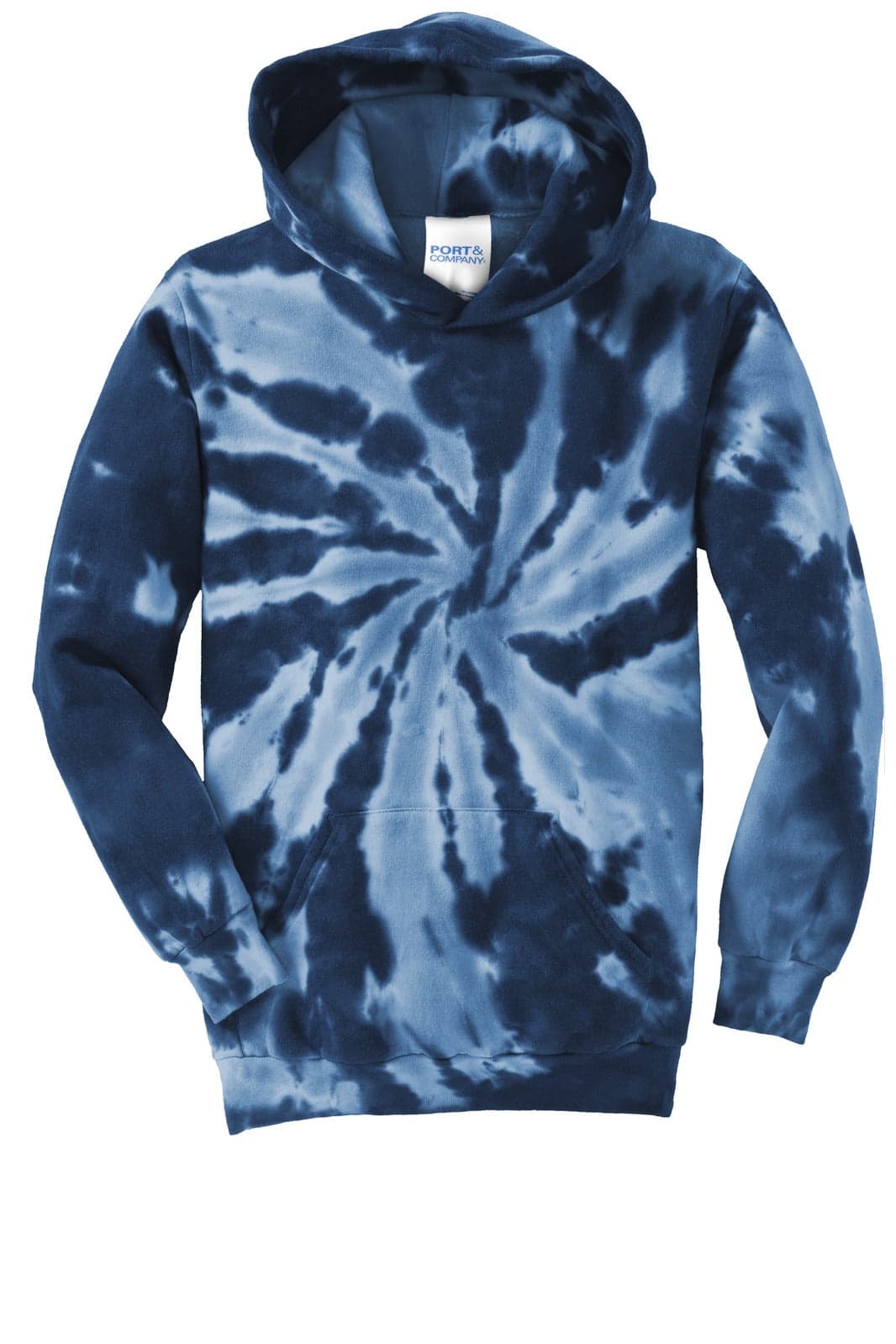 A navy tie-dye pullover hooded sweatshirt featuring a spiral pattern and a logo.