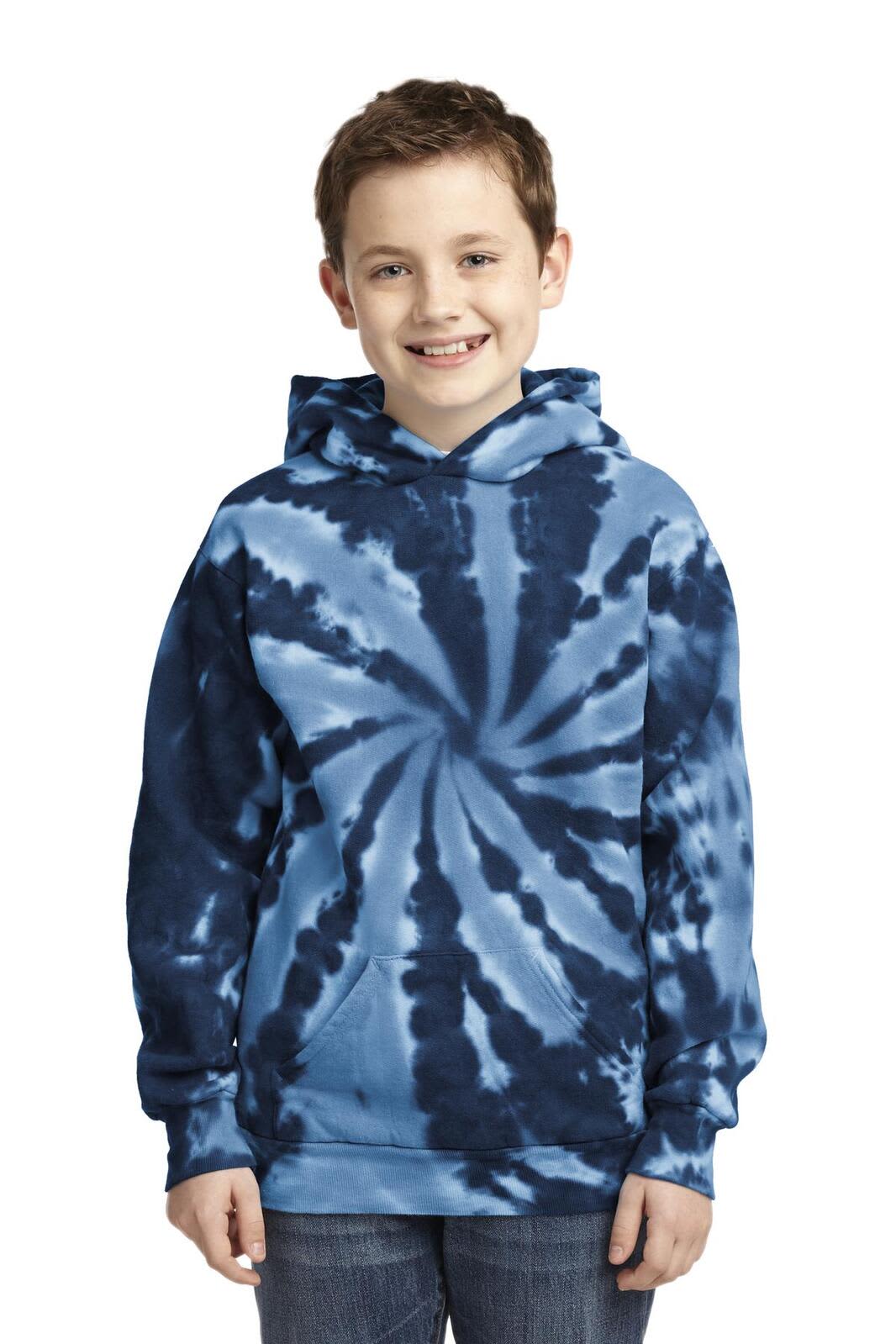 A youth tie-dye pullover hooded sweatshirt in blue tones, featuring a spiral pattern and a front pocket.