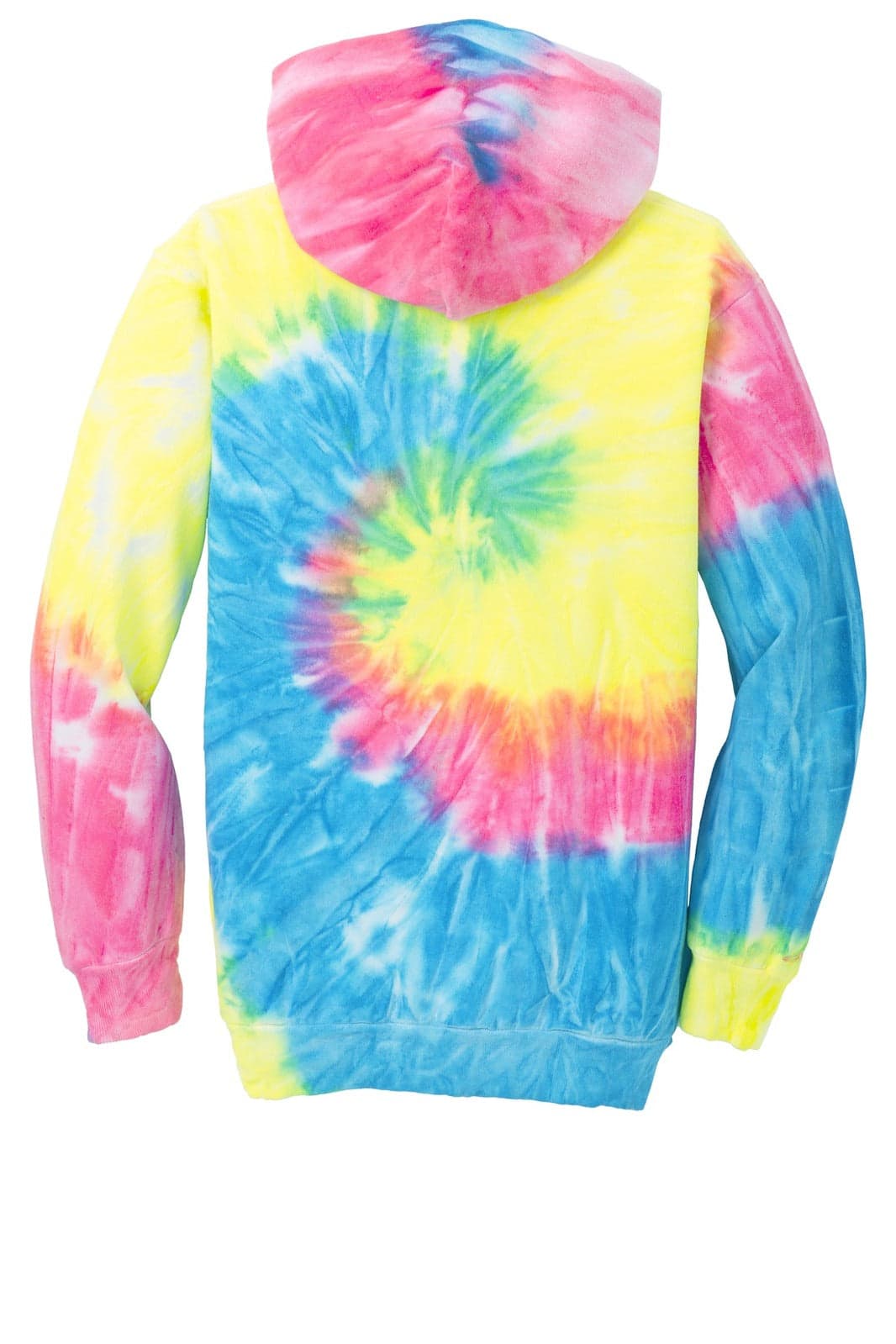A colourful tie-dye pullover hooded sweatshirt featuring pink, blue, yellow, and white swirls, with a hood.