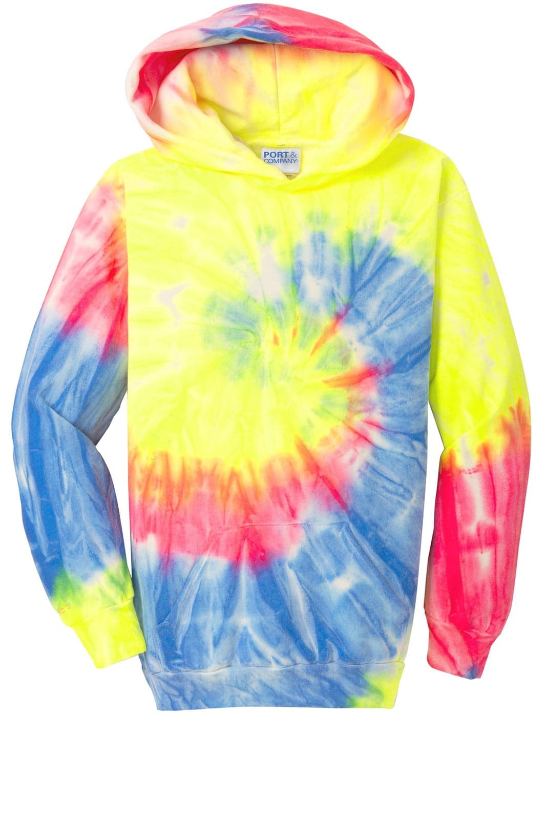 A vibrant tie-dye pullover hoodie in yellow, pink, and blue, featuring a hood and long sleeves.