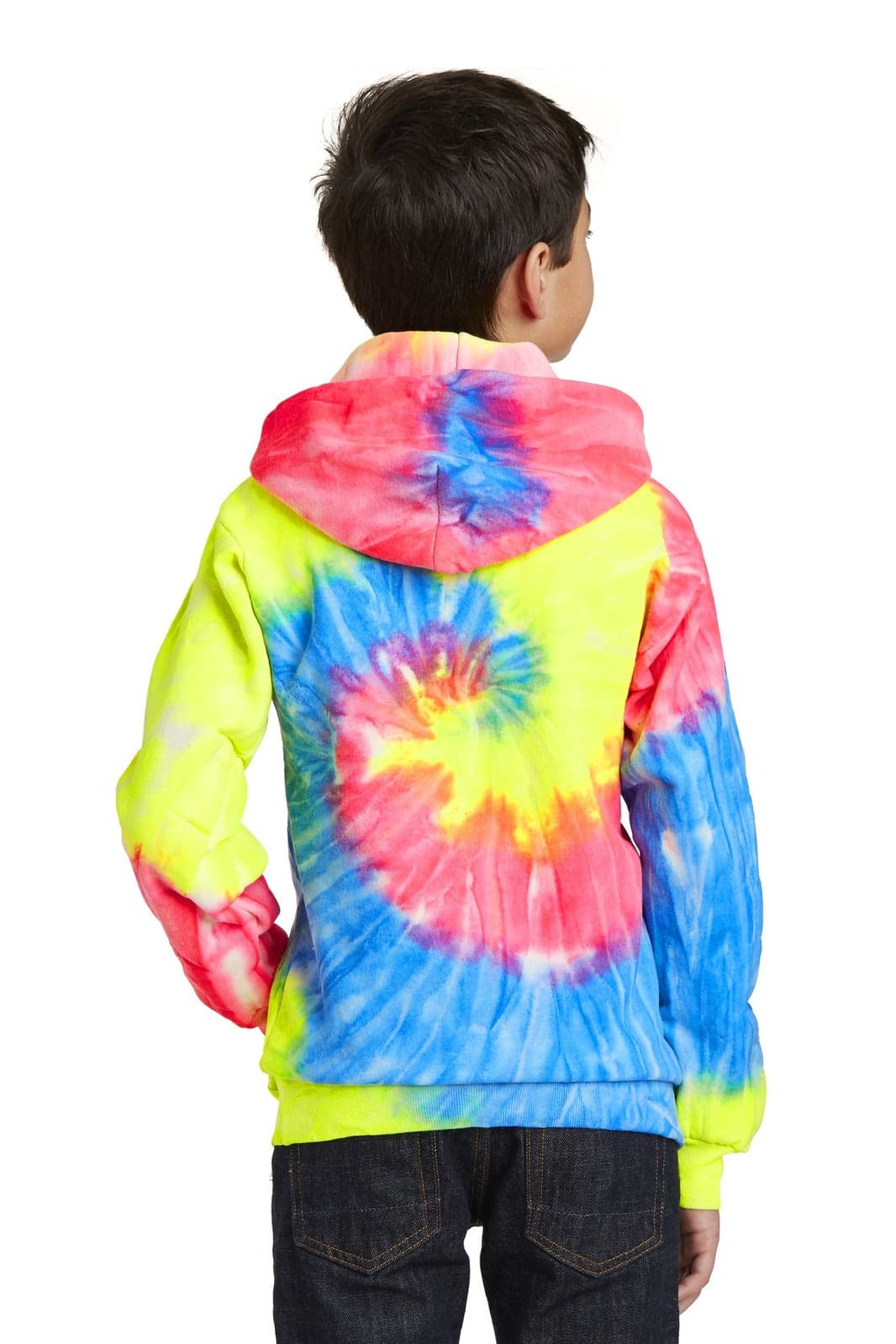 A youth tie-dye pullover hooded sweatshirt in bright yellow, pink, and blue hues. Features a hood and has a logo.