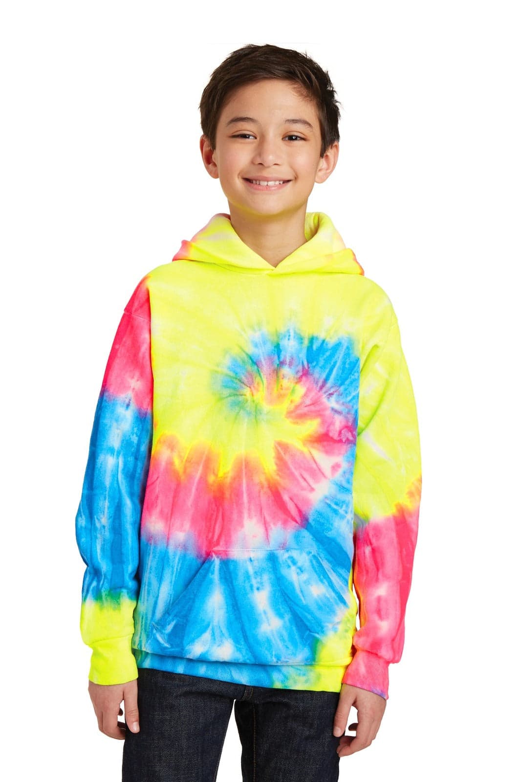 A vibrant yellow, pink, and blue tie-dye youth pullover hooded sweatshirt with a kangaroo pocket and a logo.