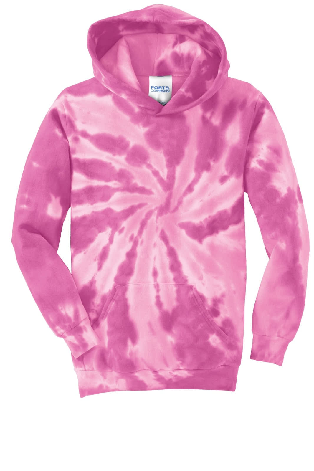 A pink tie-dye pullover hooded sweatshirt featuring a spiral pattern and long sleeves, with a logo on the label.