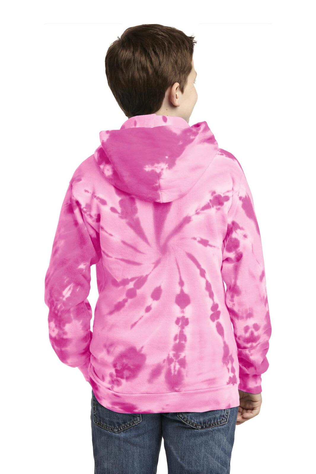 A pink tie-dye youth pullover hooded sweatshirt is displayed from the back, featuring a hood and a logo.