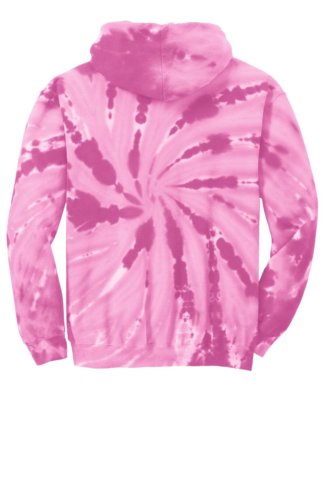 A pink tie-dye pullover hooded sweatshirt featuring a spiral pattern and a hood. It has a logo on the front.