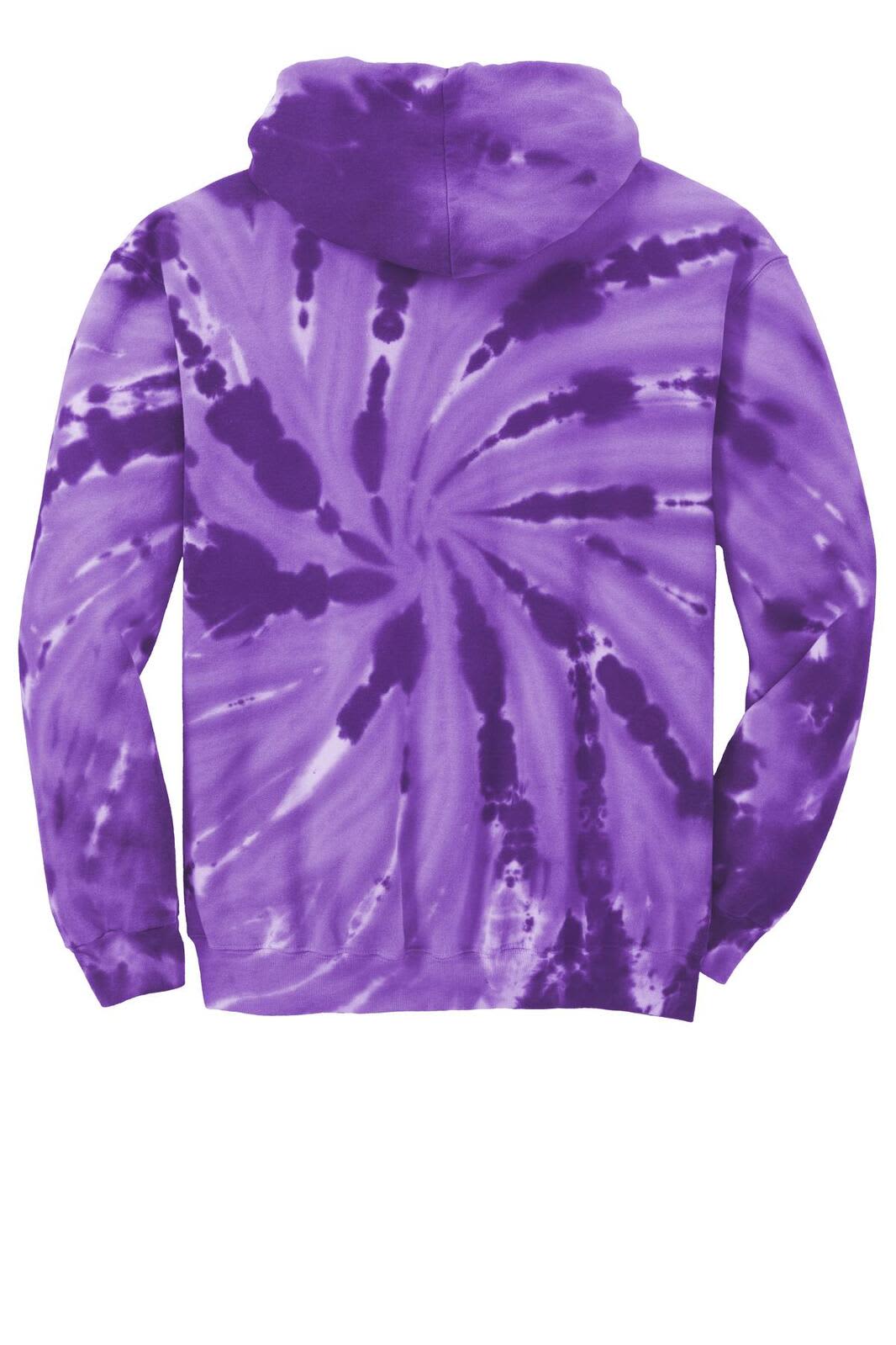 A purple tie-dye pullover hooded sweatshirt featuring a swirl pattern on the back and a hood.