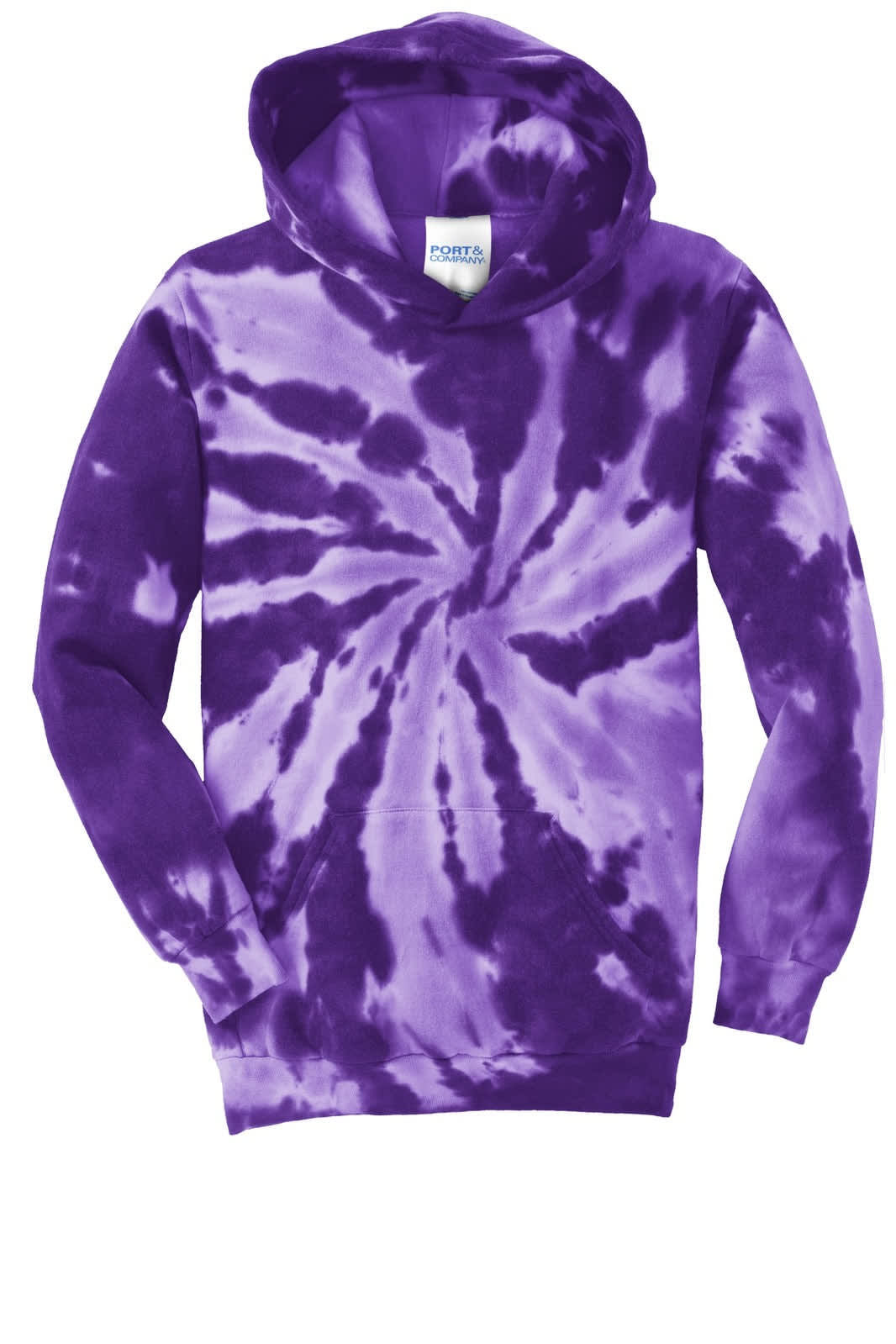 A purple tie-dye pullover hooded sweatshirt with a spiral pattern and a logo on the label.