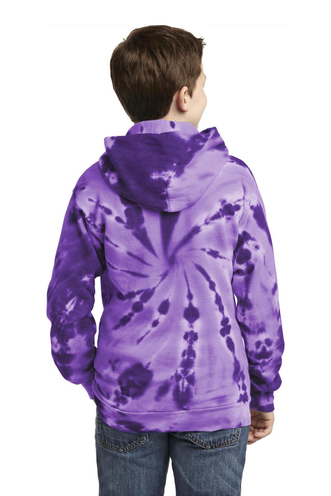 A purple tie-dye pullover hooded sweatshirt with a circular pattern, featuring a hood and a logo.