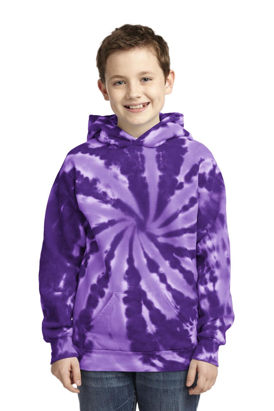 A boy wears a purple tie-dye pullover hooded sweatshirt with a spiral pattern. The hoodie features a logo.