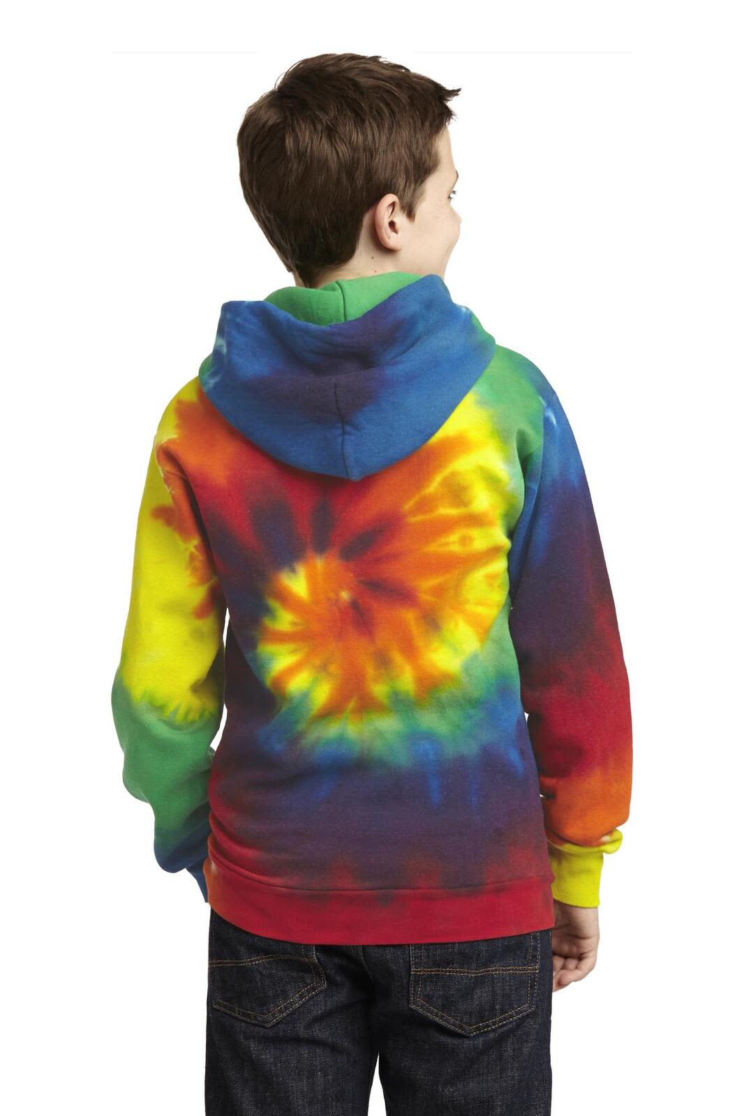 A youth tie-dye pullover hooded sweatshirt featuring vibrant colours of blue, green, yellow, red, and orange.