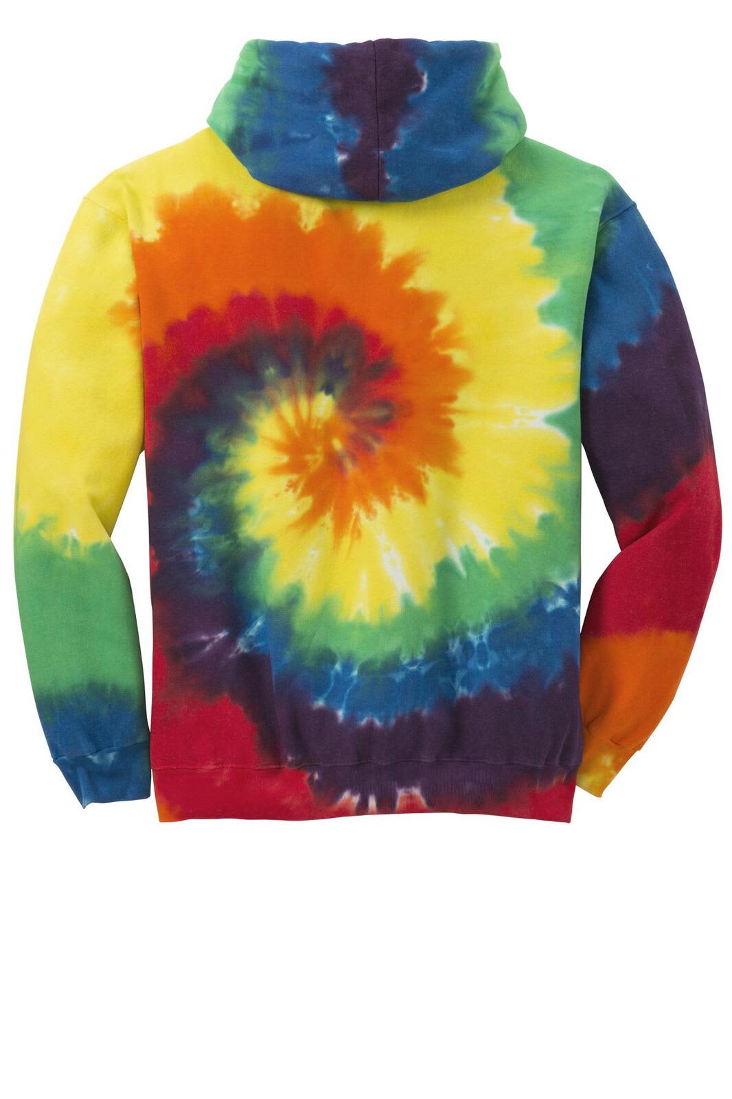 A multicoloured tie-dye pullover hooded sweatshirt featuring vibrant swirls of yellow, red, blue, green, and purple.
