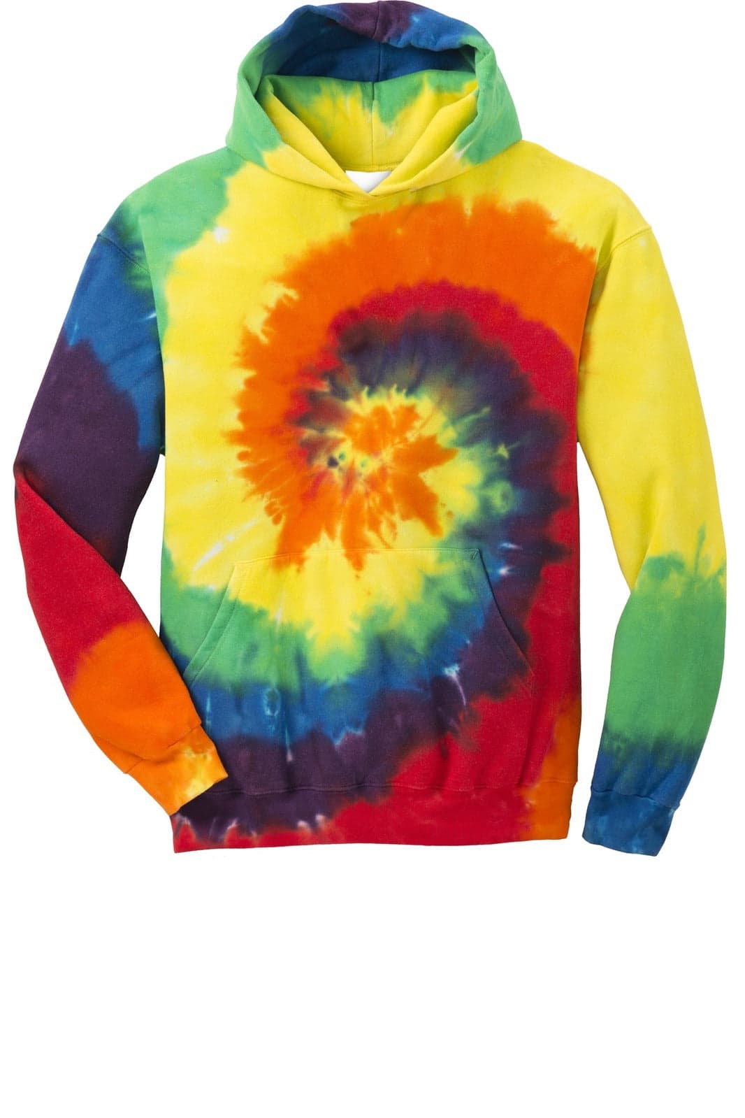 A tie-dye pullover hooded sweatshirt featuring vibrant colours like yellow, green, orange, red, and blue. It has a logo.
