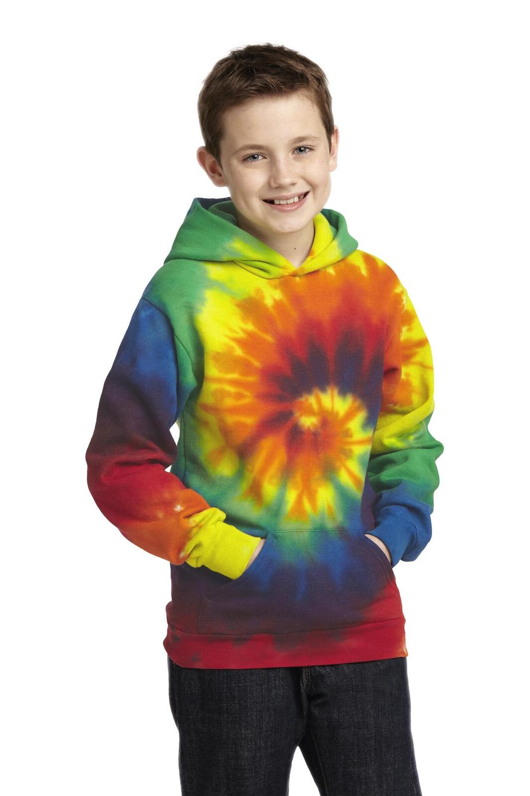 A youth tie-dye pullover hooded sweatshirt featuring vibrant rainbow colours and a front pouch pocket.