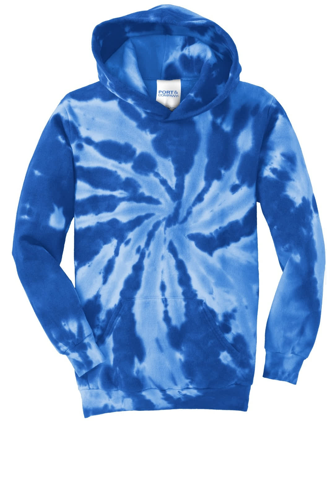 A blue tie-dye pullover hooded sweatshirt featuring a spiral pattern and a logo on the label.