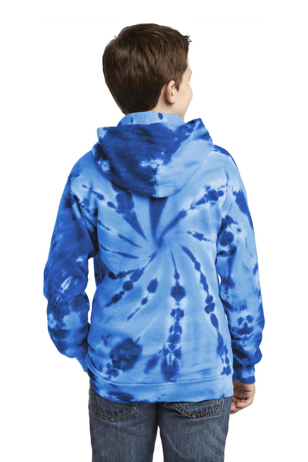 A youth tie-dye pullover hooded sweatshirt in various shades of blue, featuring a hood and a logo.