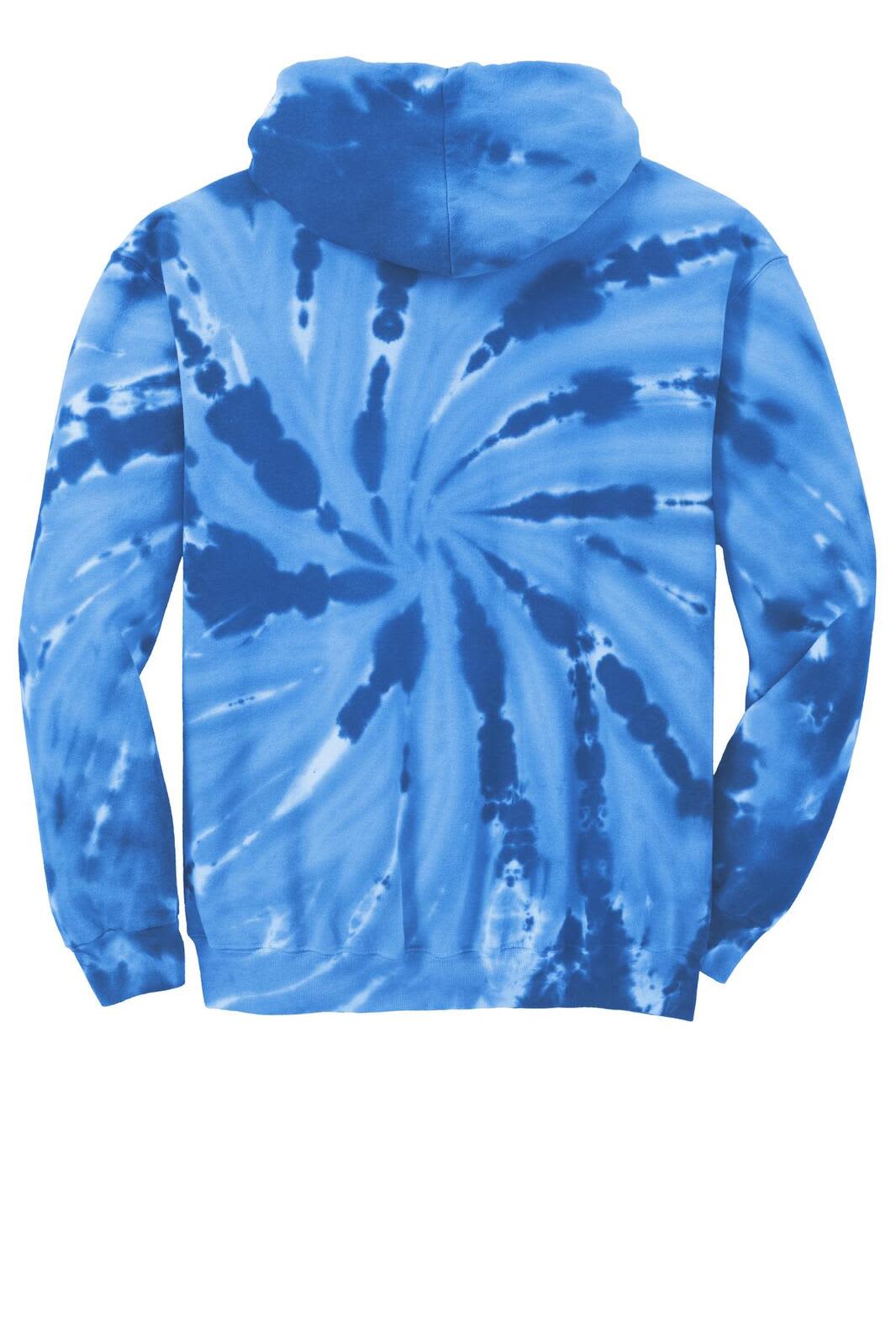 A blue tie-dye pullover hooded sweatshirt featuring a swirling pattern and a hood on the back.