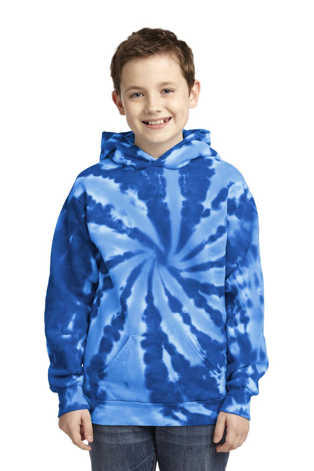 A youth tie-dye pullover hooded sweatshirt in blue tones, featuring a spiral pattern. The hoodie has a front pocket and a hood.
