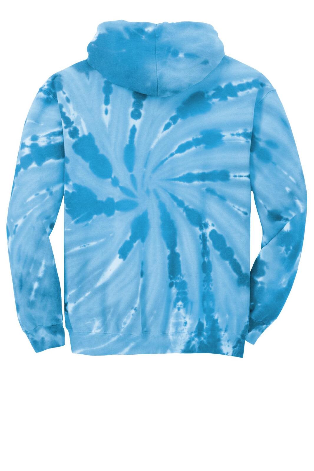 A blue tie-dye pullover hooded sweatshirt with a spiral pattern and a hood at the back.