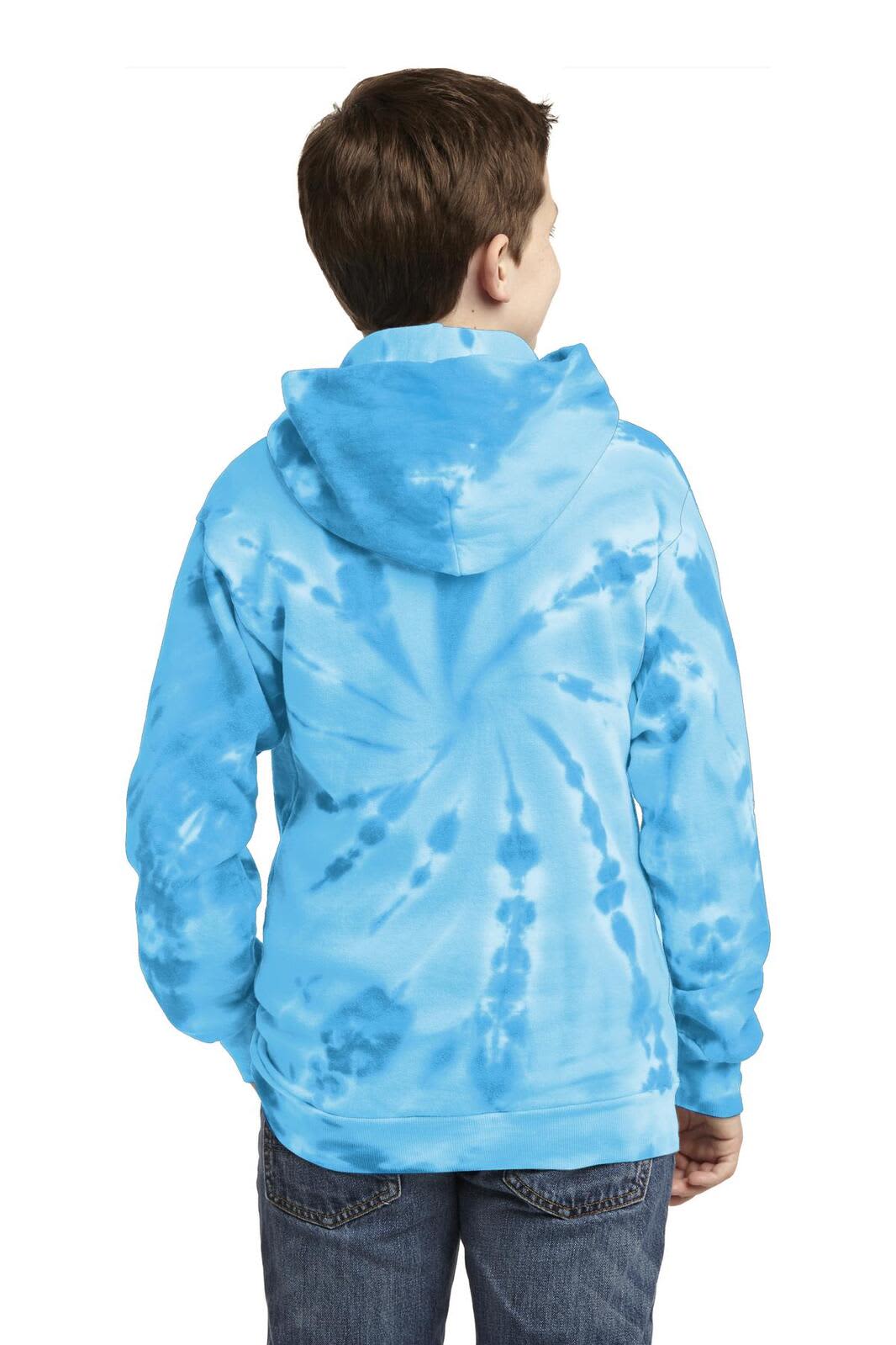 A youth hoodie featuring a blue tie-dye pattern, with a hood and a logo on the back.