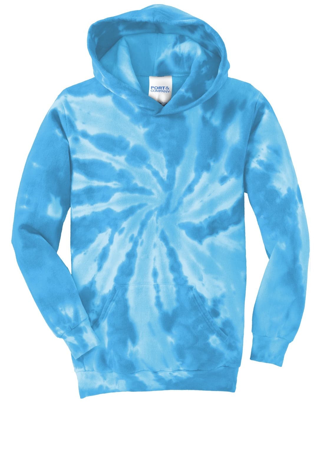 A blue tie-dye pullover hooded sweatshirt with a swirl pattern and a brand label inside the hood.