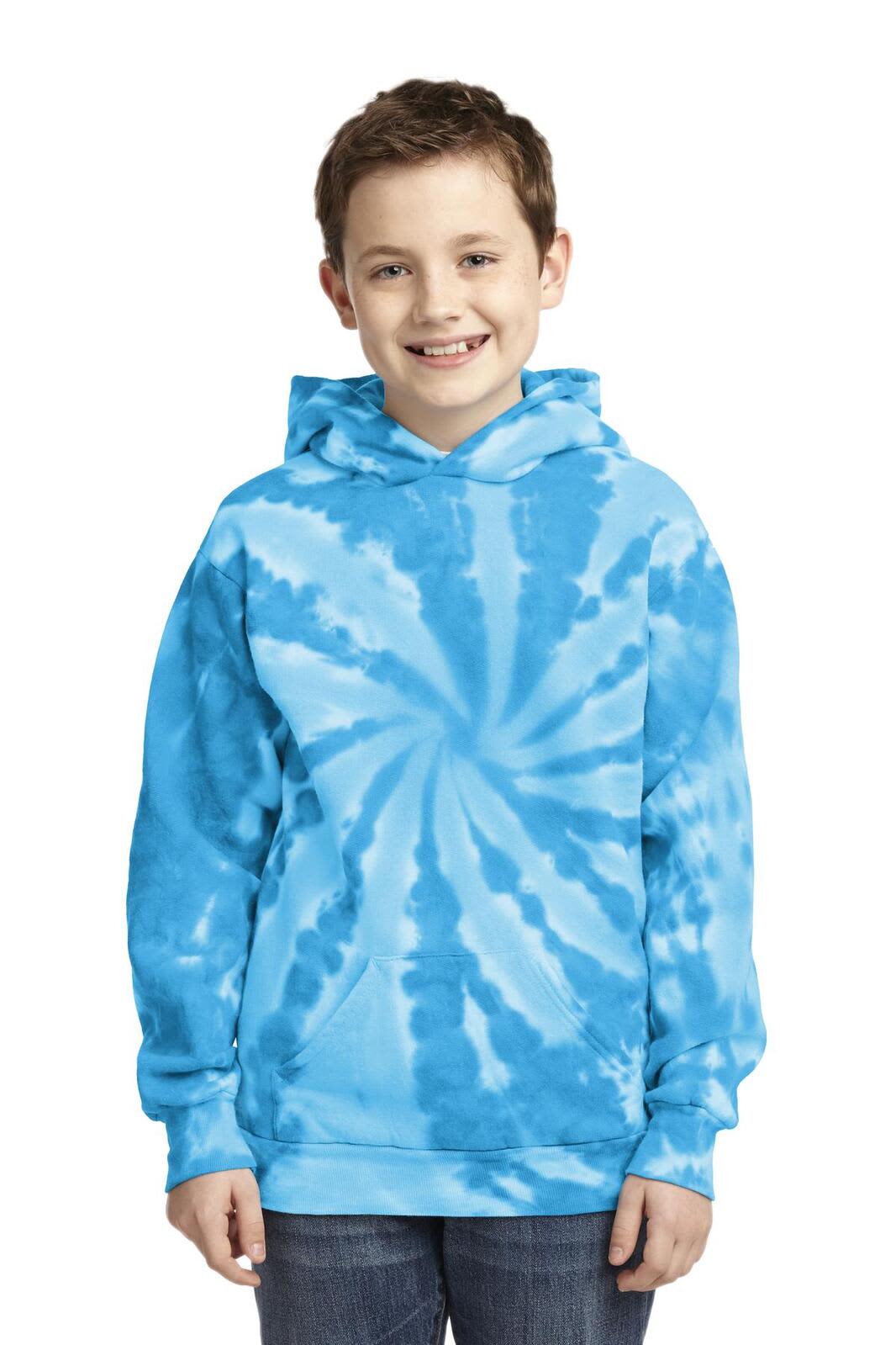 A youth pullover hooded sweatshirt in a vibrant blue tie-dye pattern, featuring a hood and long sleeves.