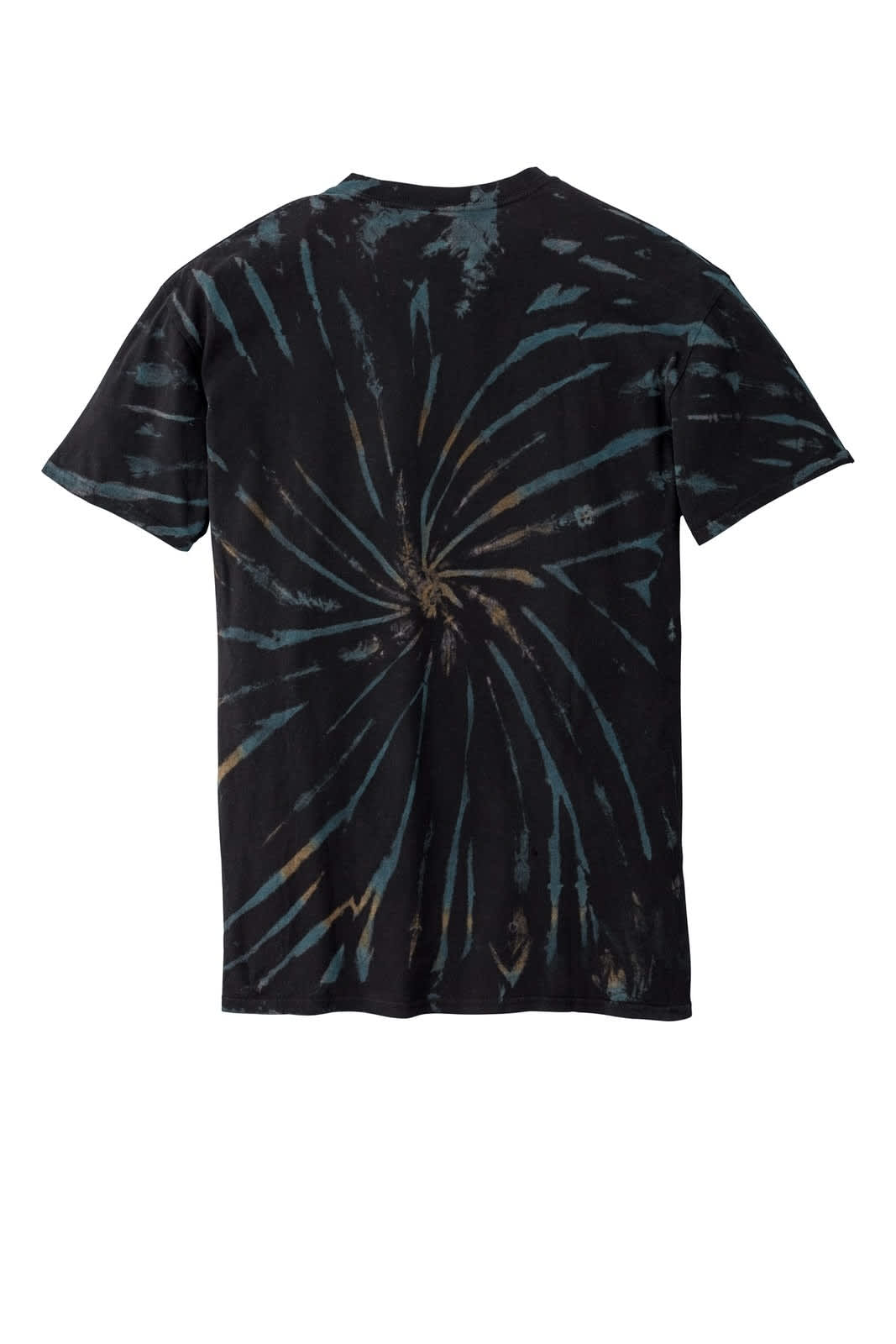 A tie-dye T-shirt in black with blue and brown swirls, featuring a logo on the back.