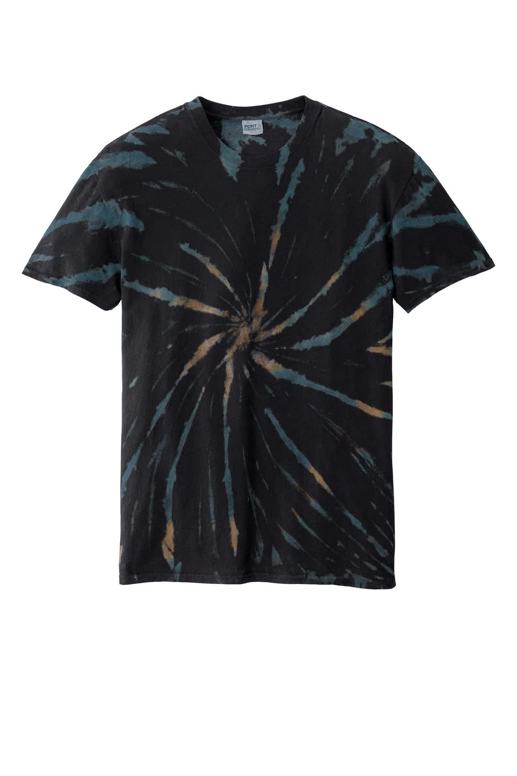 A tie-dye T-shirt in black, featuring spiral patterns in shades of blue and brown. It has a brand logo on the label.