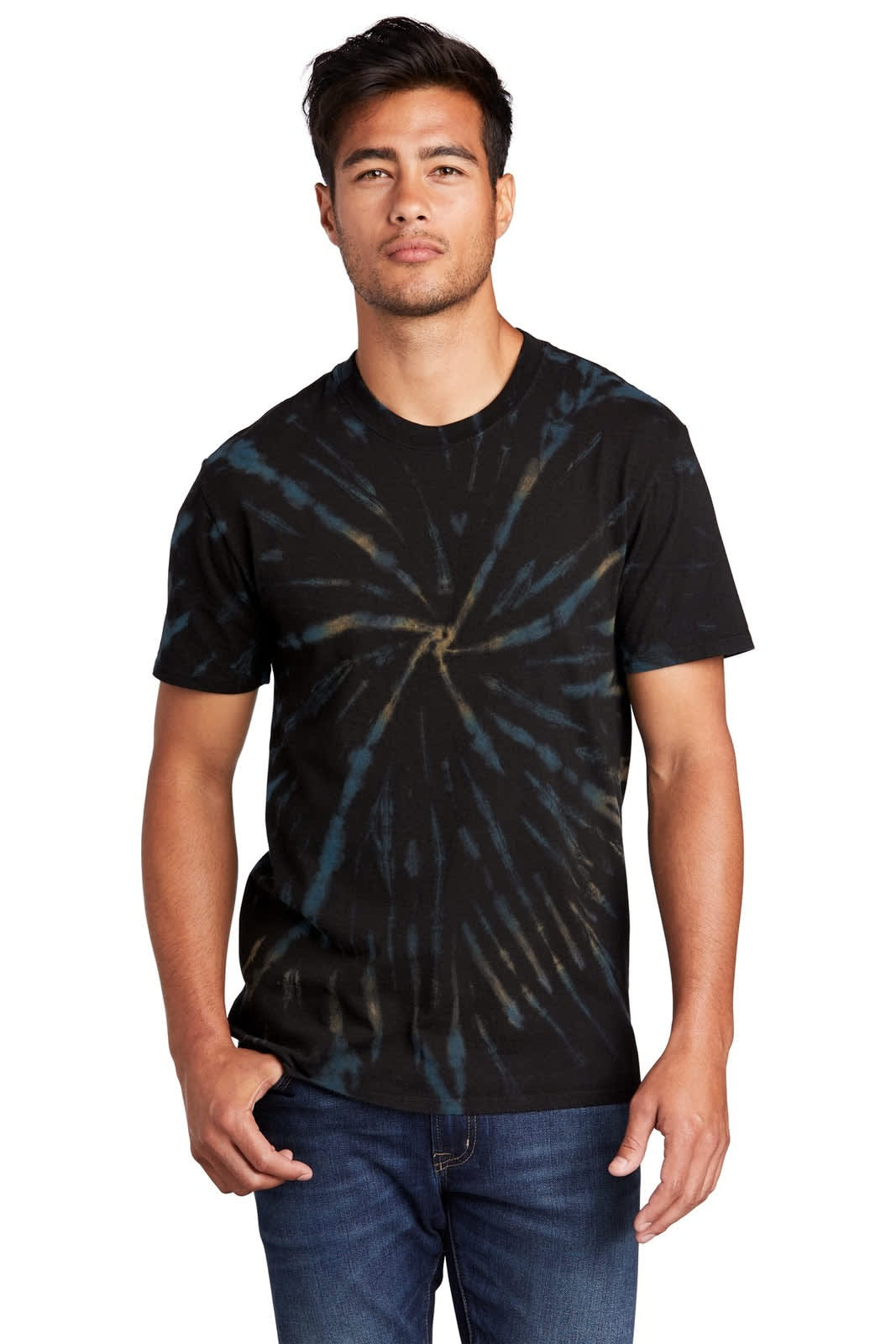 A tie-dye T-shirt in black and blue hues, featuring a spiral pattern and worn by a model.