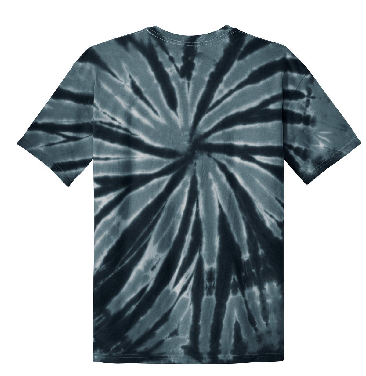 A tie-dye T-shirt in dark shades of blue and grey, featuring a spiral design and a logo on the back.