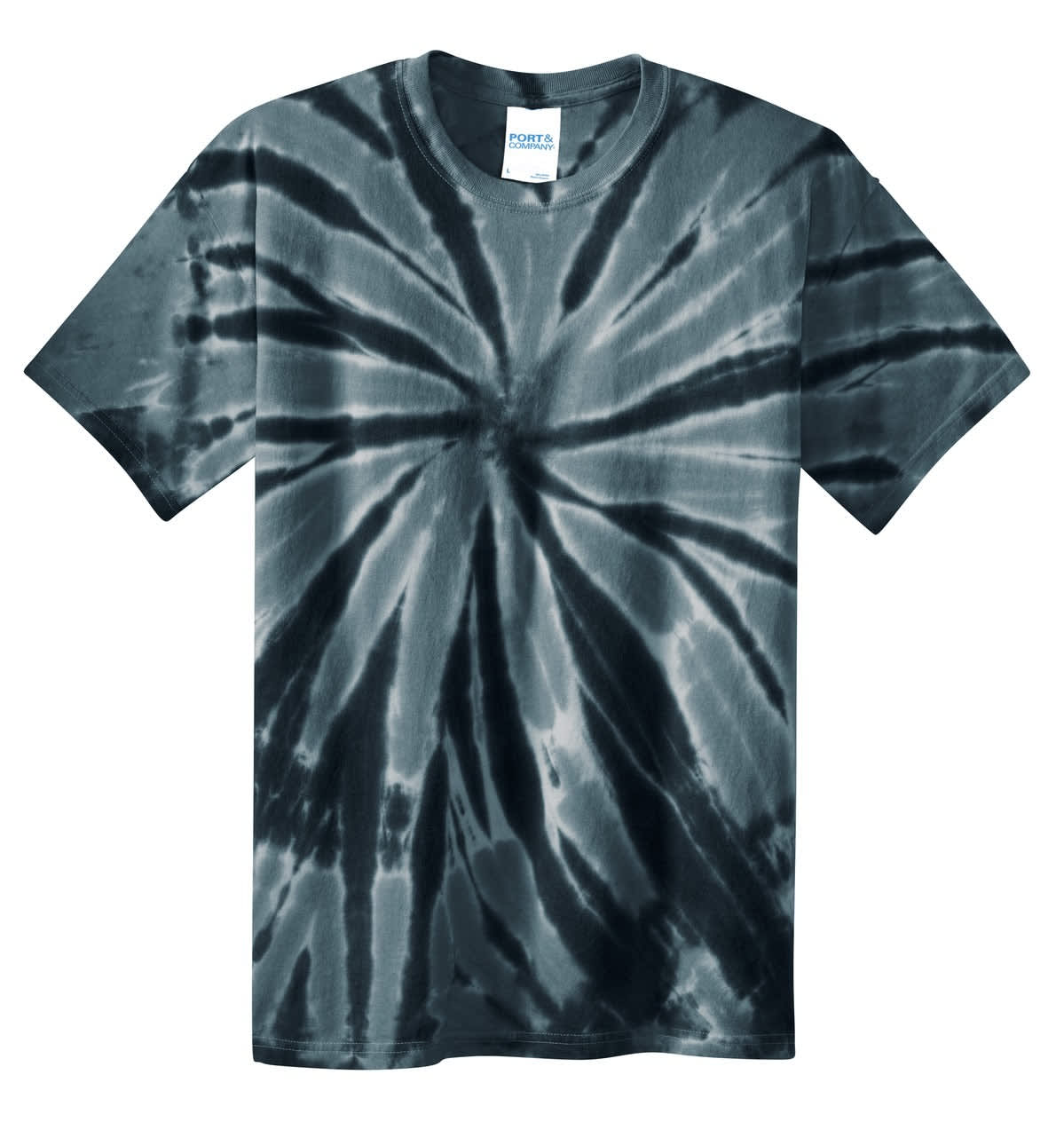 A tie-dye t-shirt in shades of grey and black, featuring a circular pattern and a label inside.