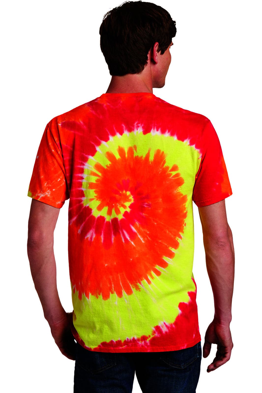 A man wearing a vibrant red and yellow tie-dye T-shirt featuring a spiral pattern at the back.