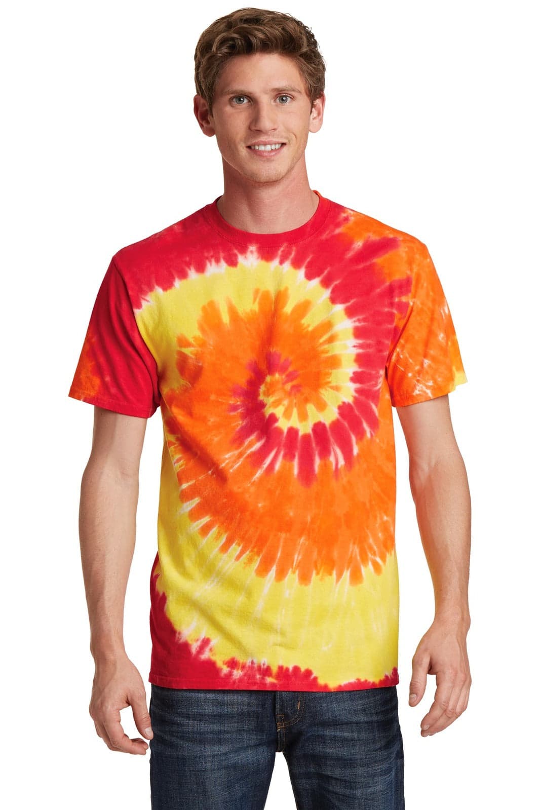 A tie-dye t-shirt featuring a spiral pattern in red, orange, and yellow, with a solid red collar.