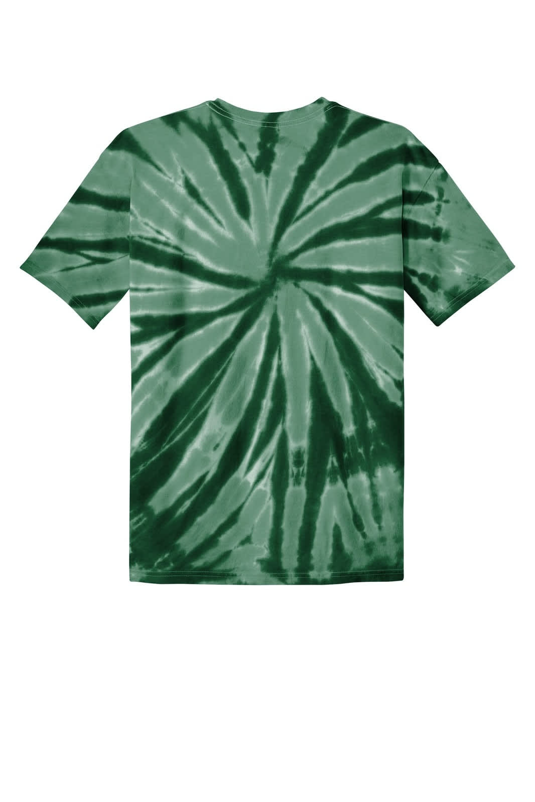 A green tie-dye T-shirt featuring a spiral pattern and a logo on the back.