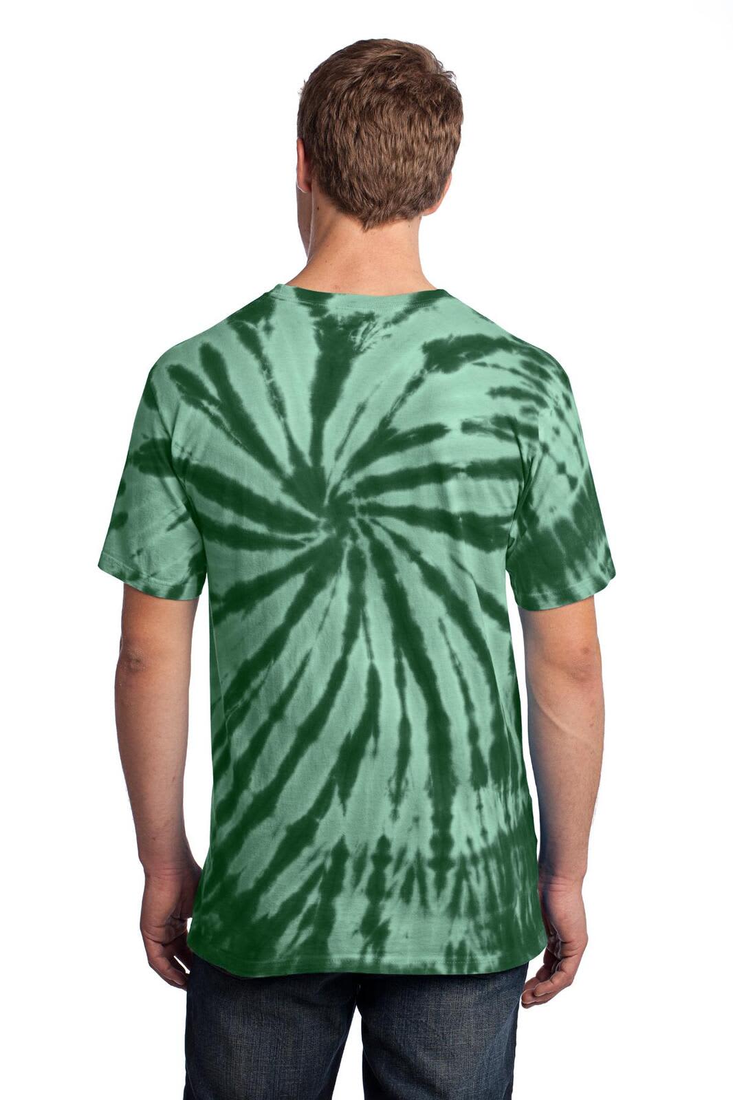 A tie-dye tee in shades of green with a spiral pattern, featuring a logo on the back.