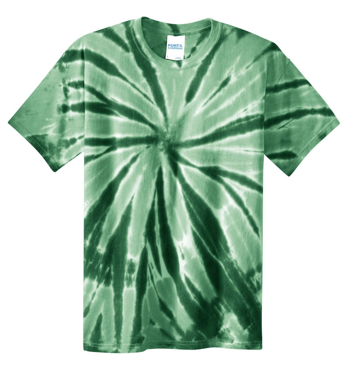 A green tie-dye T-shirt with a swirl pattern. The shirt features a logo on the tag.