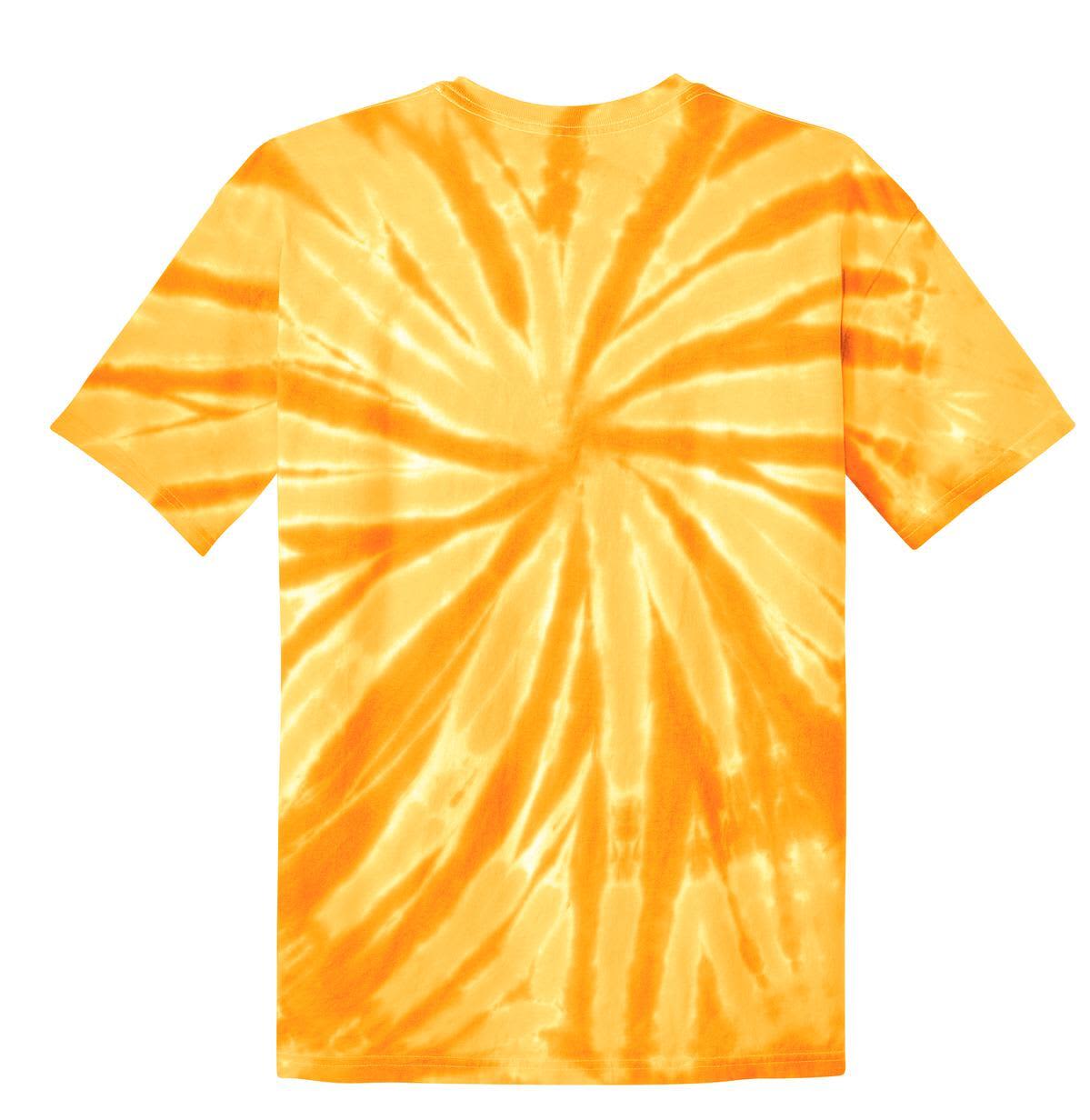 A yellow tie-dye T-shirt with a spiral pattern on the back. It features short sleeves and a logo.