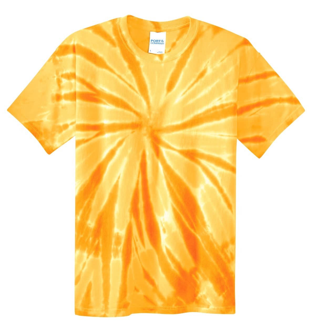 A tie-dye t-shirt in vibrant shades of yellow and orange, featuring a spiral pattern. It has a logo on the label.